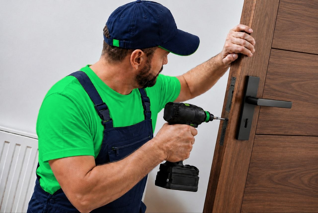 Carpenter installing a door